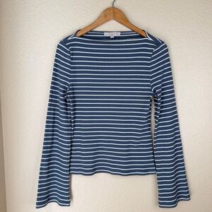 LOFT Navy and White Ribbed Striped Long-Sleeve Top size Large